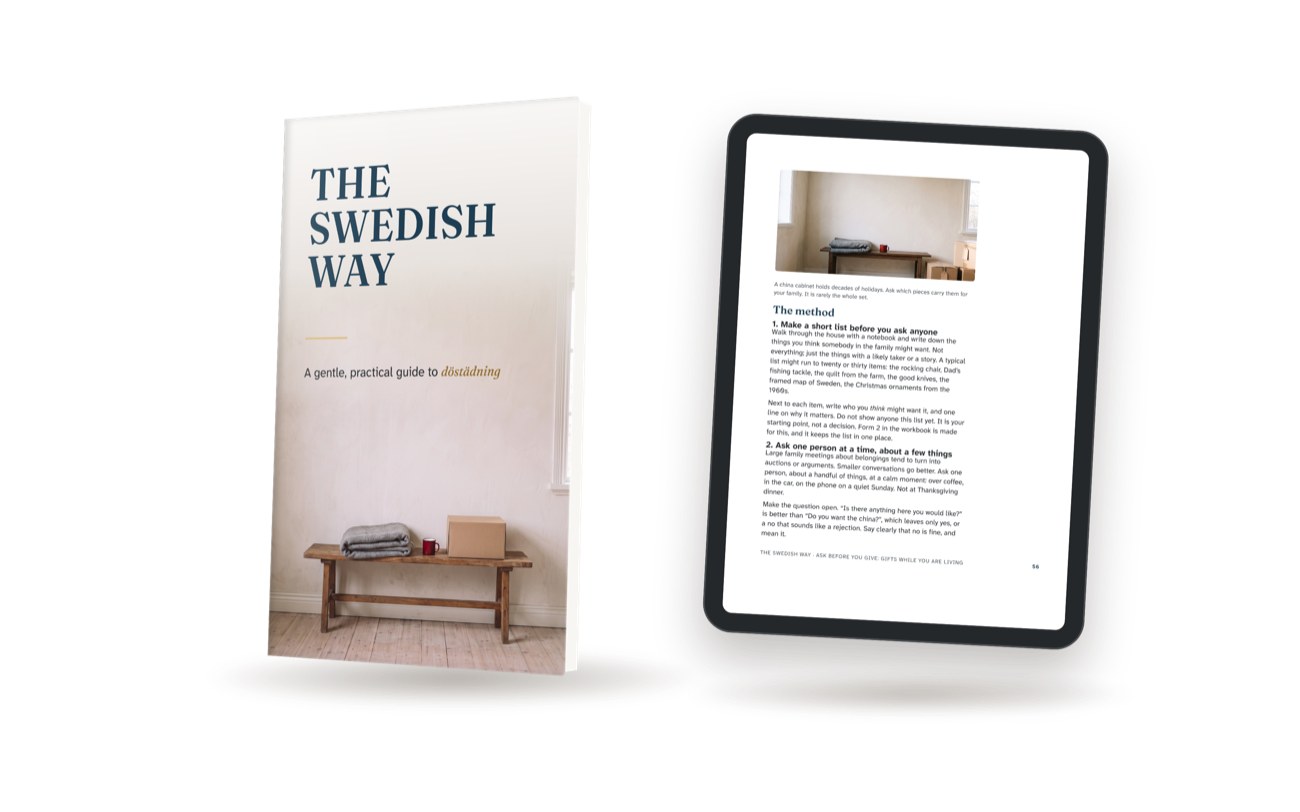 The Swedish Way guidebook shown as a printed book and open on a tablet