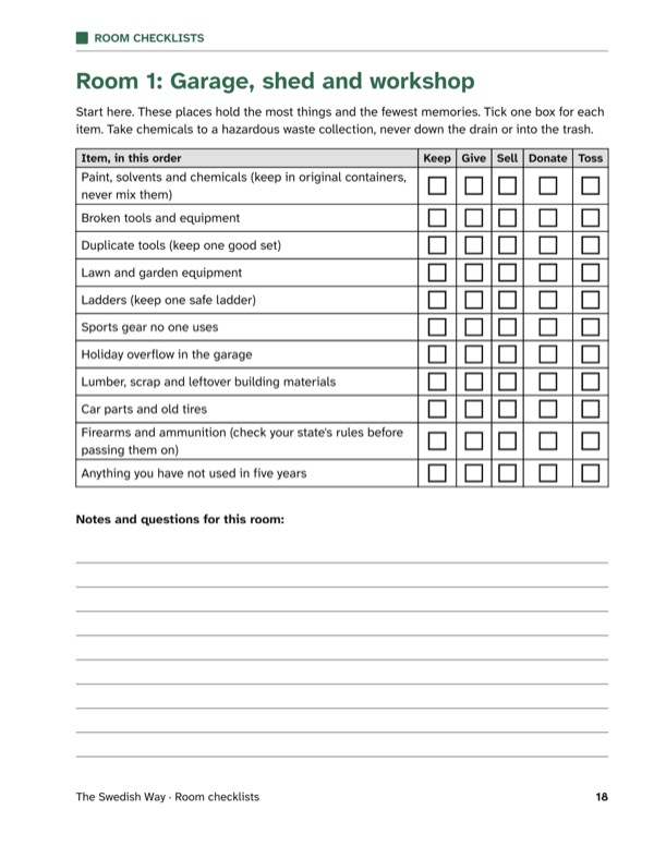 A printable workbook page: the garage checklist with tick boxes for keep, give, sell, donate or toss